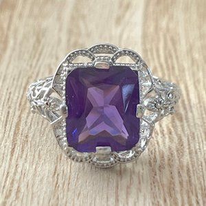 Radiant Cut Simulated Amethyst Art Deco Filigree Ring - 925 Sterling Silver